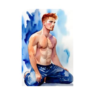 Watercolor, topless man kneeling T-Shirt