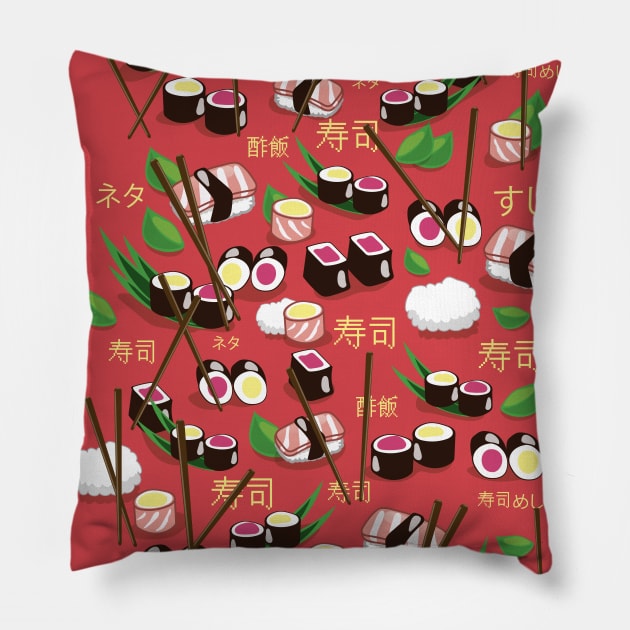 Sushi ( Red background) Pillow by nickemporium1