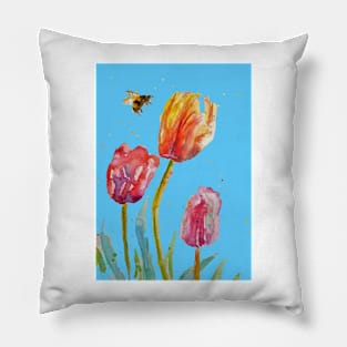 Tulip Flower Watercolor Painting and Bee on Blue Pillow