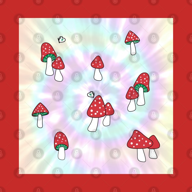 Aesthetic Red Hatted Mushrooms and Butterflies on a Rainbow Pastel Tie Dye Background by YourGoods