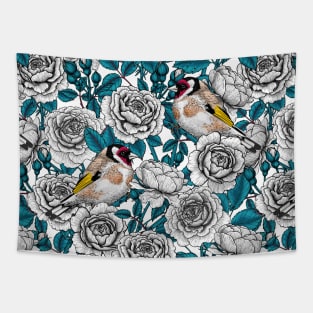 White rose flowers and goldfinch birds Tapestry