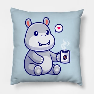 Cute Hippo Drinking Coffee Cartoon Pillow