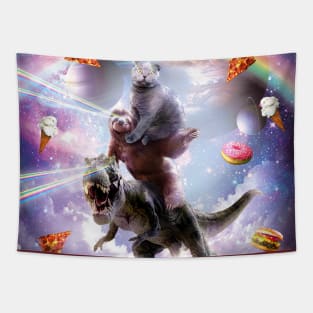 Laser Eyes Space Cat On Sloth Dinosaur - Rainbow Tapestry