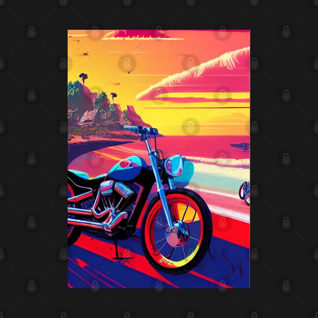 COLORFUL SURREAL RETRO MOTORCYCLE ON THE BEACH by sailorsam1805