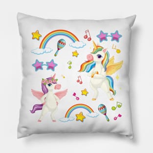 Set of unicorn or pegasus with music theme icon on pastel color background Pillow