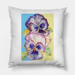 Pansy Watercolor Purple Flower Pattern on Light Blue Pillow