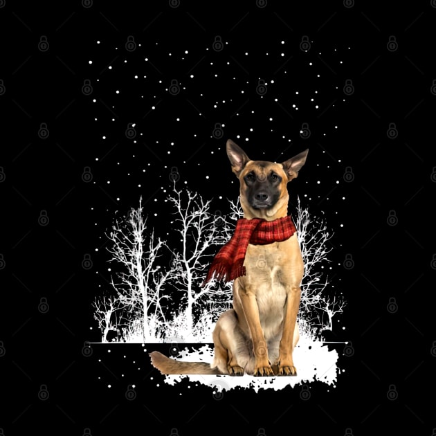Christmas Belgian Malinois With Scarf In Winter Forest by SuperMama1650