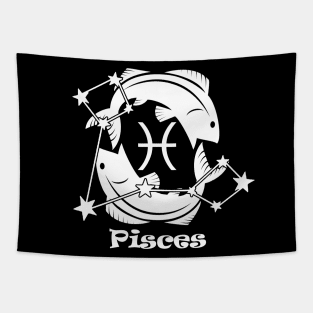 Pisces - Zodiac Astrology Symbol with Constellation and Fish Design (White on Black Variant) Tapestry