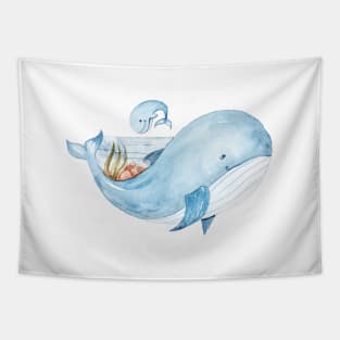 Watercolor blue orca whale illustration, cute kids print Tapestry