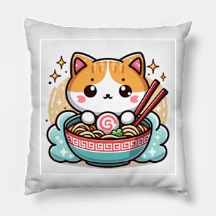 Cute little Neko Cat Eating Ramen Noodle Pillow