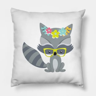 Hipster Raccoon, Raccoon With Glasses, Flowers Pillow