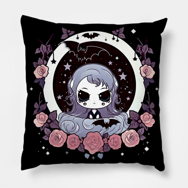 Gothic Portrait of Kawaii Vampire Girl with flowers and bats Pillow by The-Dark-King