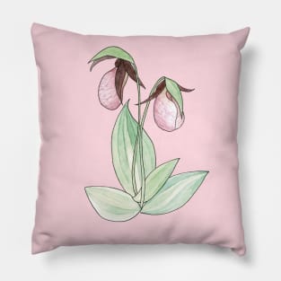 Pink Lady's Slipper Orchid Watercolor Illustration Pillow