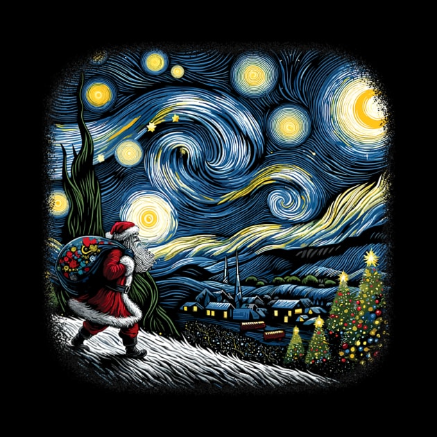 Van Gogh Starry Night Santa Christmas Winter Snowy Night by nadenescarpellos