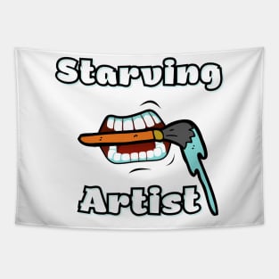 Starving Artist bubble letters with cartoon mouth and dripping paint brush Tapestry