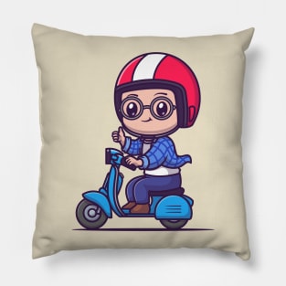 Cute Male Riding Scooter Cartoon Pillow