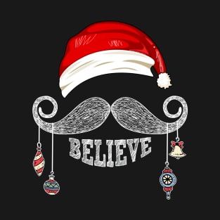 Believe Christmas Santa Mustache with Ornaments T-Shirt