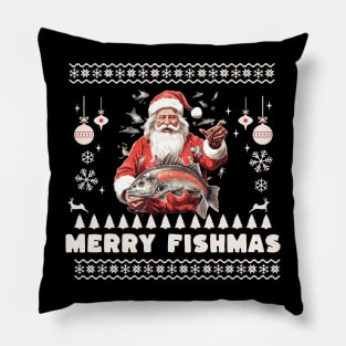 Merry Fishmas Santa Fishing Ugly Christmas Sweater Pillow