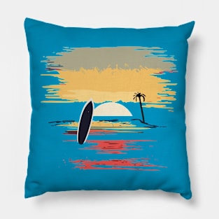 t-shirt design featuring a sunset over the ocean with a surfboard silhouette in the foreground, detailed illustration, and watercolor style. Pillow