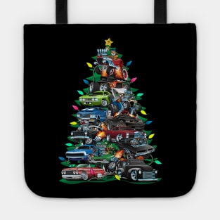 Car Madness Christmas Tree! Classic Muscle Cars and Hot Rods Tote