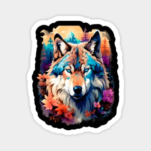 A Grey Wolf with Mountains, Floral Elements, Forests, Trees Magnet