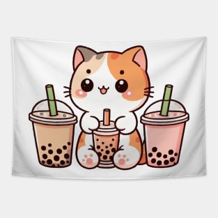 Funny Cat With three Boba Tapestry