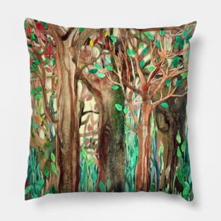 Walking through the Forest - watercolor painting collage Pillow