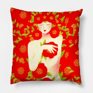 Cute girl with red flowers, version 7 Pillow