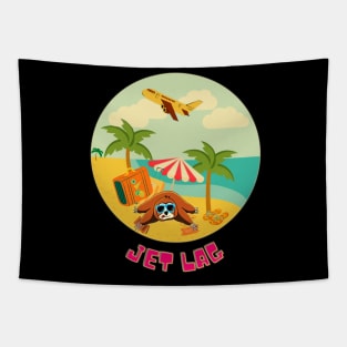 Funny sloth lying jet lagged on the beach Tapestry