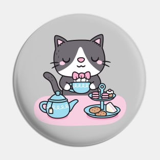 Cute Tuxedo Cat Enjoying Afternoon Tea Pastries And Snacks Pin