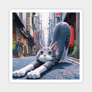 Cat stretching on tokyo street Magnet