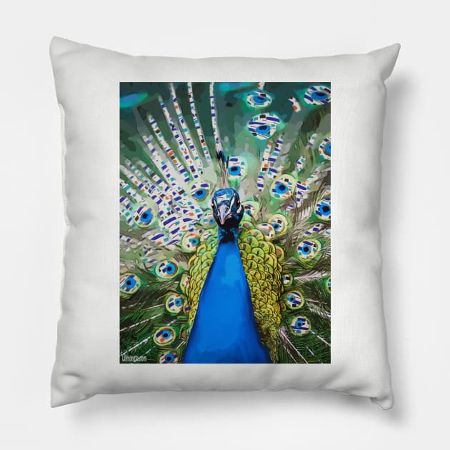 Magical Blue Peacock Pillow by ngiammarco