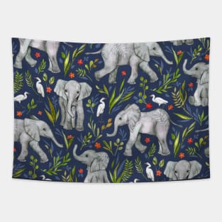 Baby Elephants and Egrets in Watercolor - navy blue Tapestry