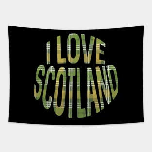 I LOVE SCOTLAND Green, White and Yellow Tartan Colour Typography Design Tapestry