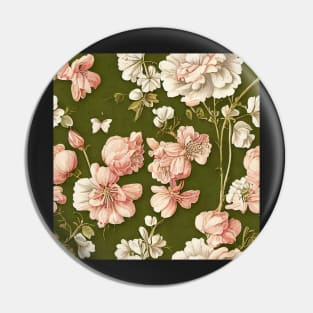 Vintage Floral Light Pink and White Flowers on Olive Green Pin