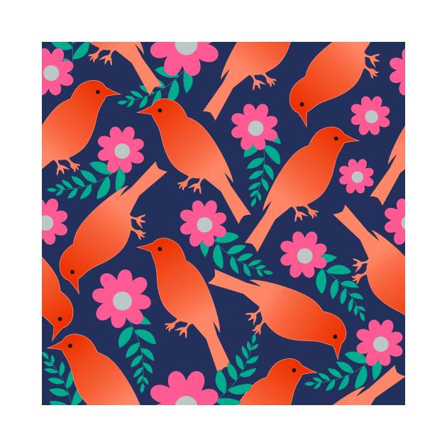 Colourful Birds and flowers pattern in navy background, Seamless repeat pattern by HariniArts