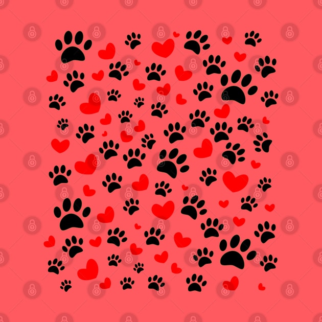 Random Dog Paw Prints And Red Hearts by Braznyc