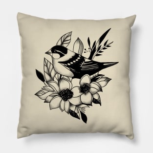 Eternal Flight: Neotraditional Sparrow and Floral Pillow