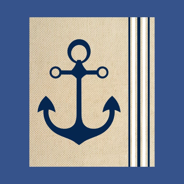 Nautical Boat Yacht Ship Anchor Burlap Navy Blue White Stripes Pattern by ernstc