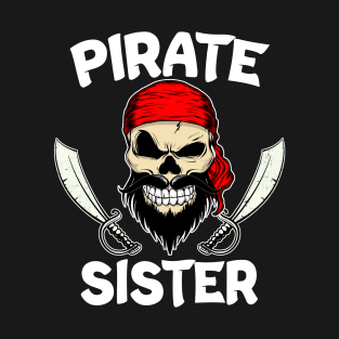 Halloween Pirate Sister Skull with Beard Swords and Bandana T-Shirt T-Shirt