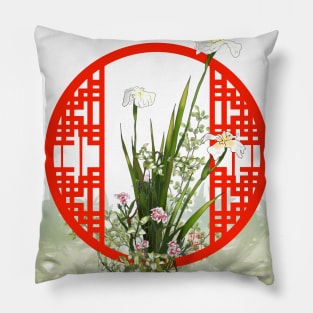 Watercolor irises with a red zen circle lattice Pillow