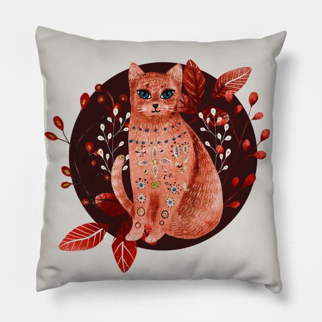 Nordic Folk Art Cat, Woodland Animals Folk Art Pillow by Coralgb