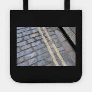 Double yellow lines on cobbled street oil paint effect. Tote