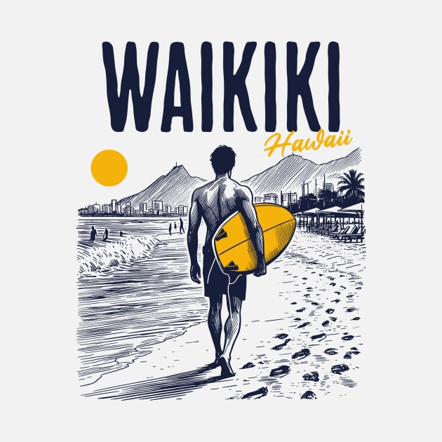 Vintage Surfing Sketch // Waikiki Beach Hawaii // Retro Surfer Drawing by Now Boarding