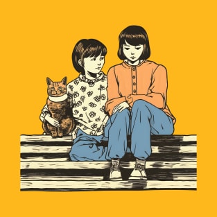 Two asian young girls sitting on stairs with cat T-Shirt