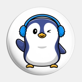 Cute Penguin Wearing Earmuff Cartoon Vector Icon Illustration Pin