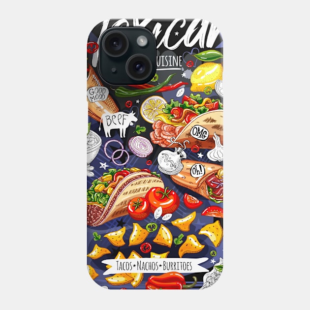 Food poster, food, Mexican, nachos, burritos, tacos, snack. Phone Case by Iraida Bearlala