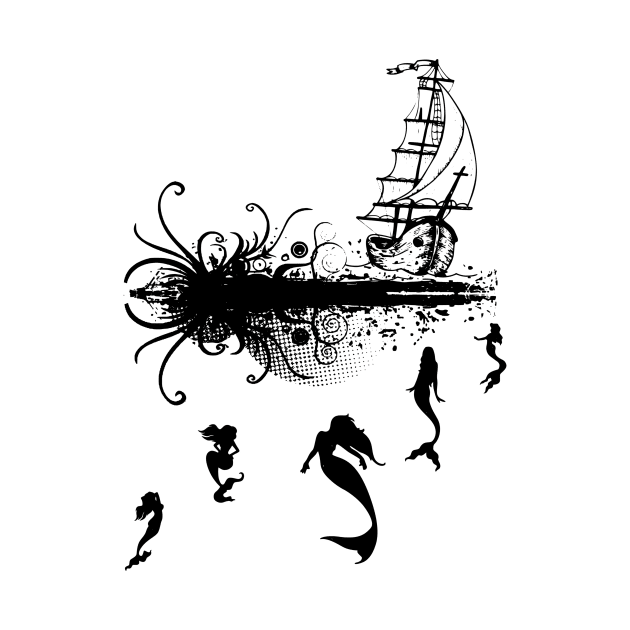 Mermaids swimming towards a pirate ship by KwaaiKraai