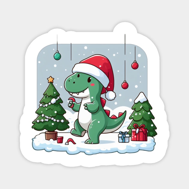 Cute Dino Santa Hat Xmas Cartoon Christmas Dinosaur Magnet by Frank Ring