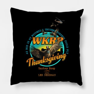 WKRP Thanksgiving Turkey Drop Blue Pillow